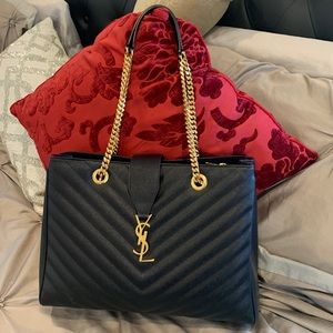 YSL Black Matelasse Leather Cassandre Shopper Tote